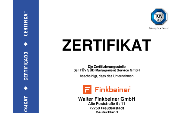 ISO-Zertifikat TÜV SÜD Firma Walter Finkbeiner GmbH